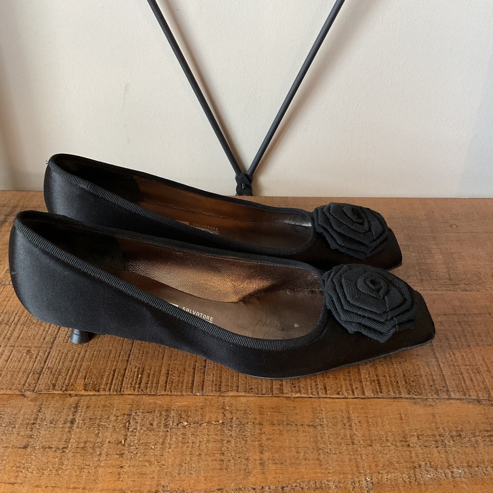 Salvatore Ferragamo Black Satin Rosette Square Toe Kitten Heels 7B Coquette VTG - Picture 7 of 16